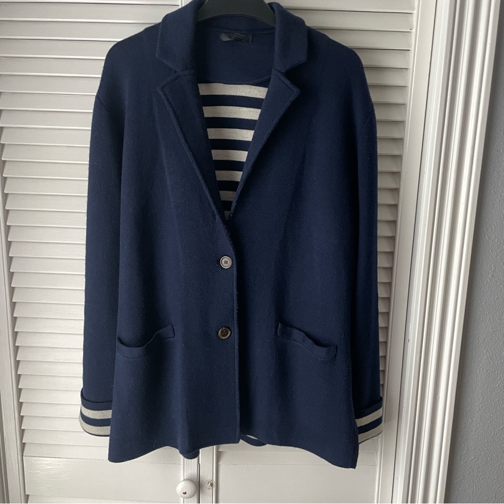 J. Crew Navy Blue Sweater Blazer with Striped Accents